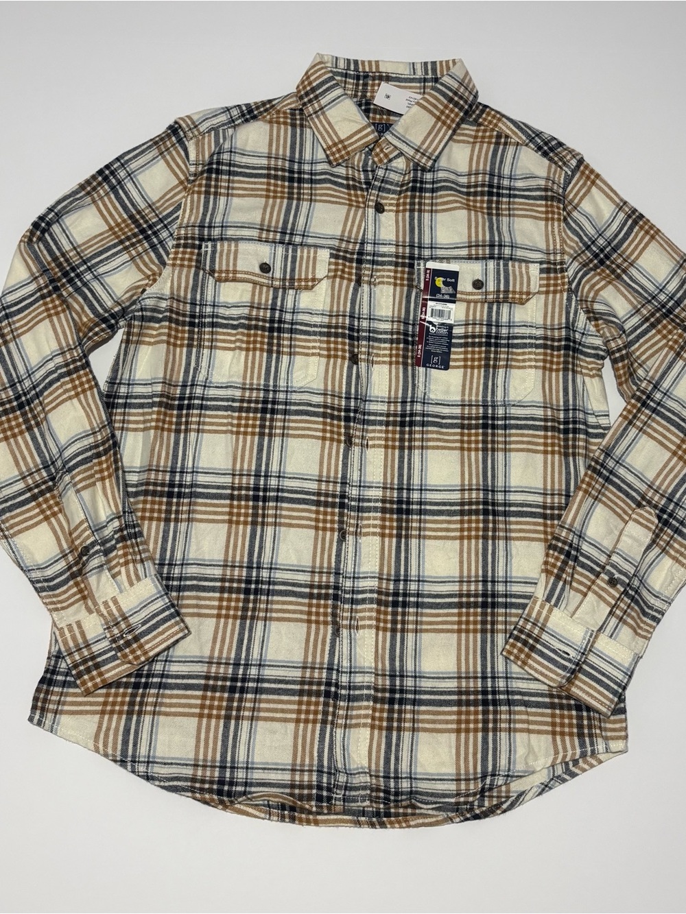 George Men’s Cream, Brown & Navy Plaid Button-Down Shirt